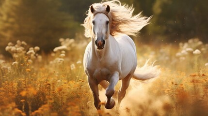  a white horse is galloping through a field of wildflowers with a blurry image of it's face.