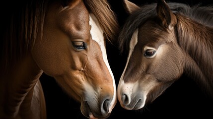  two horses standing next to each other with their heads touching each other's foreheads in front of a black background.