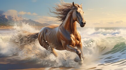  a painting of a horse galloping through the waves of the ocean with a mountain range in the distance in the background.