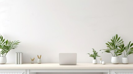 Stylish greenery trendy indoor plants desk interior white table background.