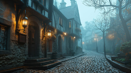 foggy cobblestone street - mystery setting - obrazy, fototapety, plakaty
