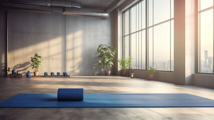 Gym loft interior with blue yoga mat.