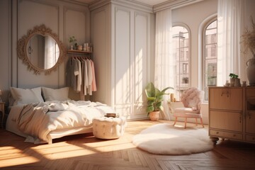 Beautiful classical style sun lit bedroom with pillows, blanket, mirror and large windows. AI Generated