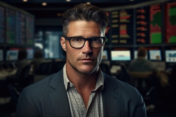 Fototapeta premium Successful businessman in glasses. Stock or forex trader by the screen with data. Wall Street trading. AI Generated