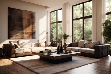 Interior design of a spacious open space living room with modern furniture. AI Generated