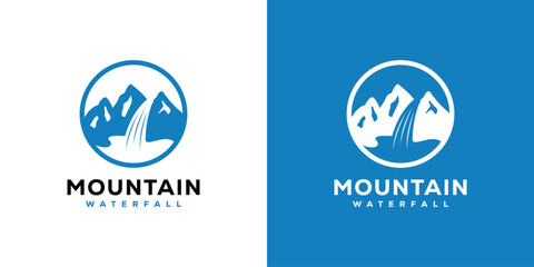 Creative Mountain Waterfall Logo. Nature Vacation Hill Waterfall Logo Design Template.