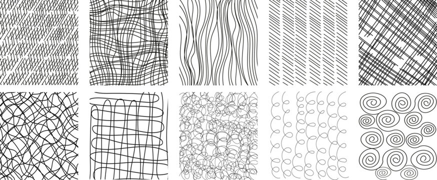 Hand drawn line textures. Includes vector scribbles,grid with irregular, horizontal and wavy strokes,doodle patterns. Isolated Ink lines on a white background. Modern Illustration set of freehand grap