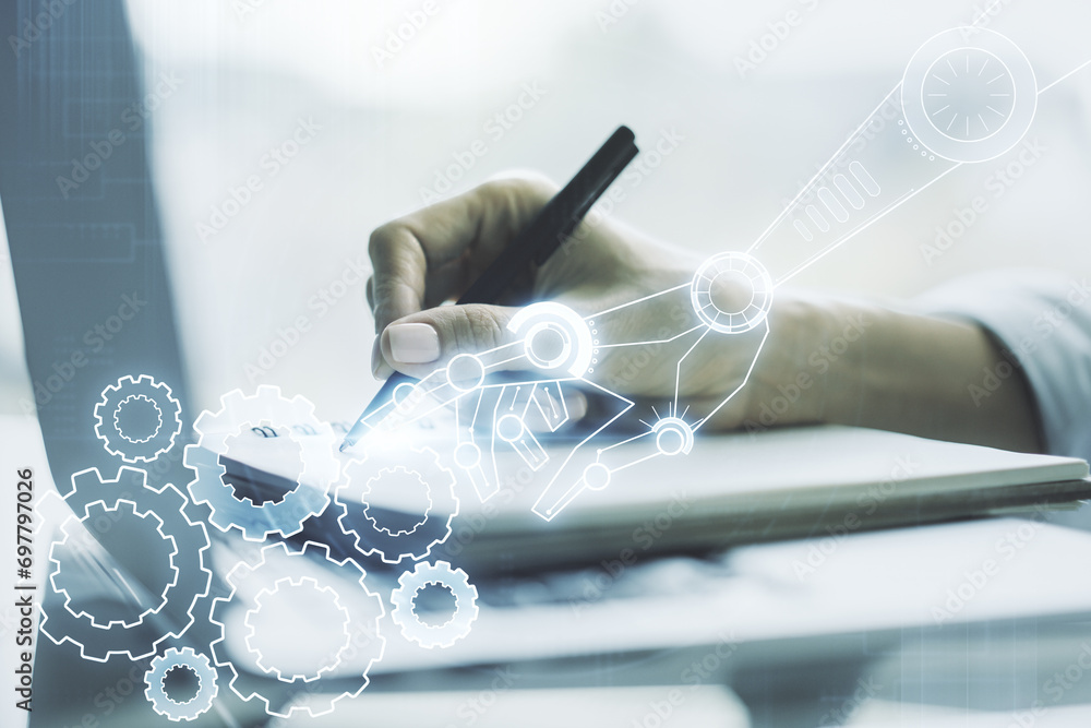 Poster creative abstract robotics technology sketch and hand writing in notepad on background with laptop, 