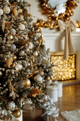 Beautifully decorated Christmas tree in close-up. There are blurred lights in the background