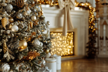 Beautifully decorated Christmas tree in close-up. There are blurred lights in the background