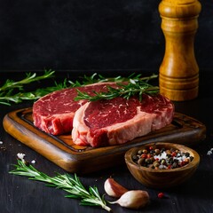 Raw beef marble steak on wooden board in low key.