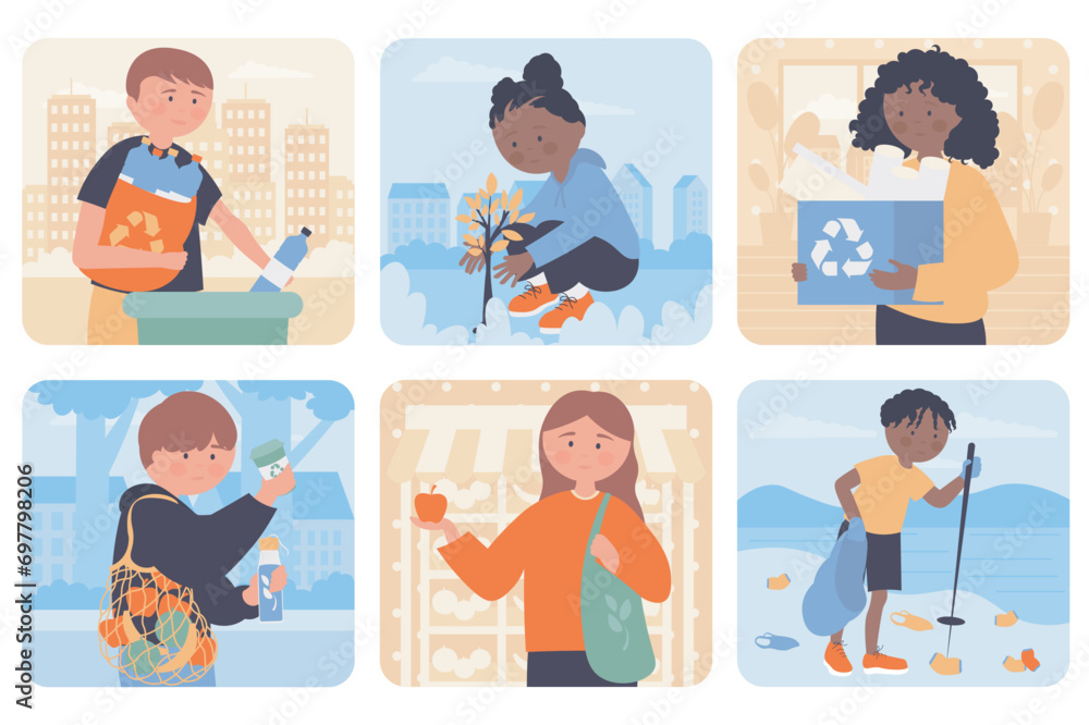 Aufkleber eco friendly concept with people situation set in flat web design. bundle scenes with multiethnic di