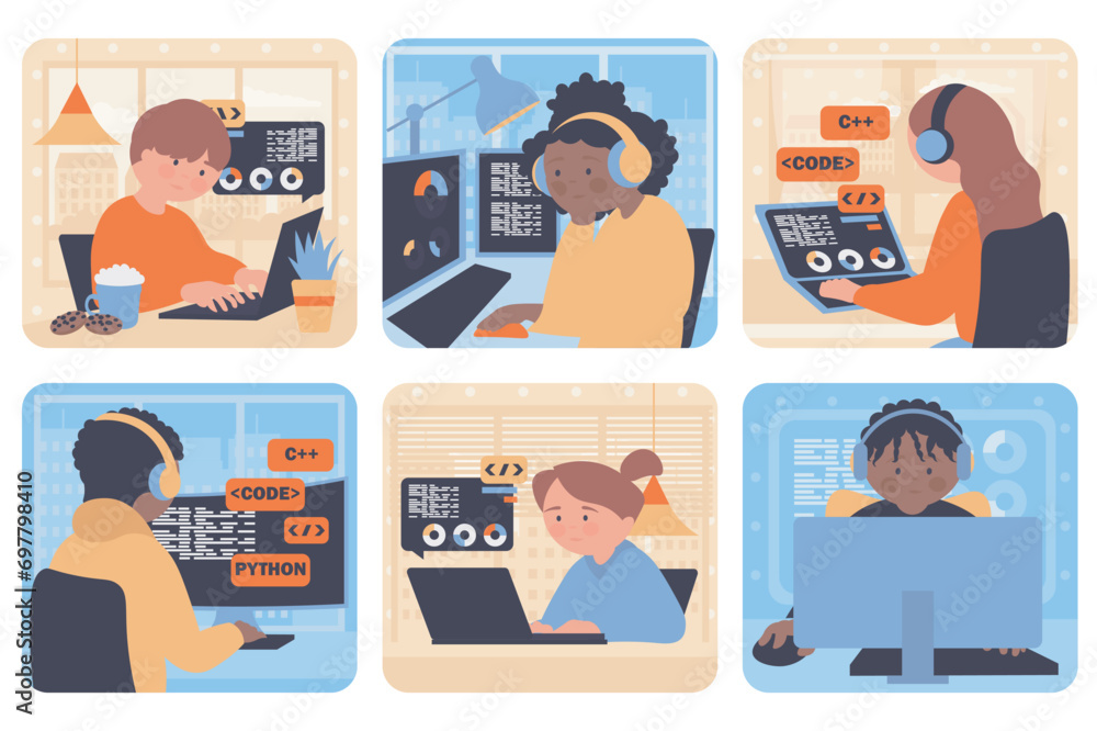 Fototapete Programming concept with people situation set in flat web design. Bundle scenes with multiethnic diverse characters coding and creating software at computer and laptop in office. Vector illustrations.
