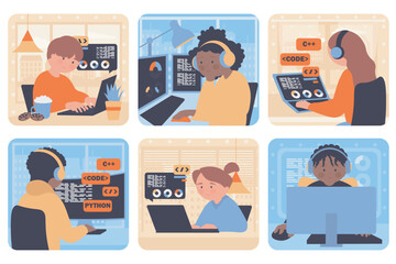 Programming concept with people situation set in flat web design. Bundle scenes with multiethnic diverse characters coding and creating software at computer and laptop in office. Vector illustrations.