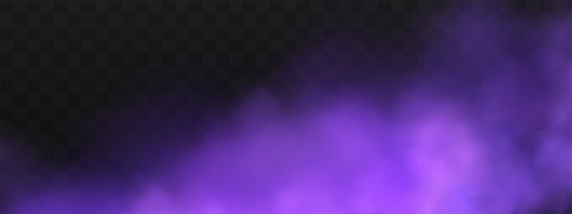 Scary mystical  violet fog in night Halloween. Purple poisonous gas, dust and smoke effect.Realistic neon magic mist steam on a transparent dark background.