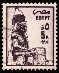 EGYPT - CIRCA 1985: postal stamp 5 Egyptian piastre printed by Egypt, shows Statue of Ramses II also known as Ramesses the Great, was third pharaoh of Nineteenth Dynasty of Egypt, Luxor, circa 1985