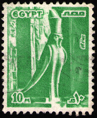 EGYPT - CIRCA 1978: stamp 10 milliemes printed by Egypt, shows Statue of Horus (Her, Heru, Hor), ancient Egyptian deity who served many functions, most notably god of kingship and the sky, circa 1978