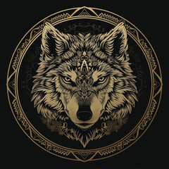 a gold and black wolf head logo