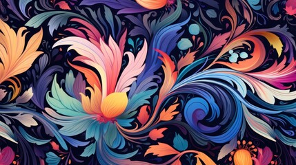  a painting of colorful flowers and leaves on a black background with blue, yellow, pink, orange, and red colors.
