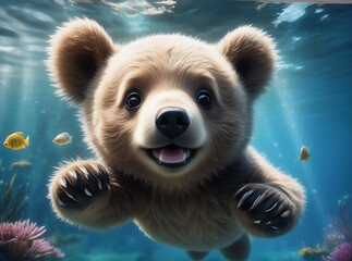 A cute brown bear cub swims underwater. AI generated.