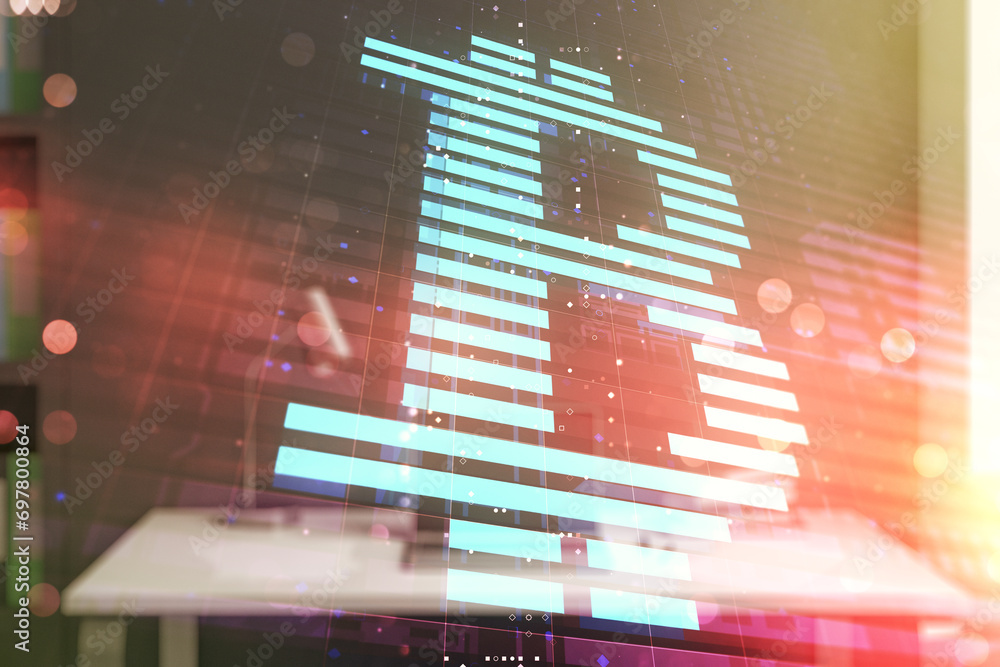Poster creative bitcoin concept and modern desktop with computer on background. multiexposure