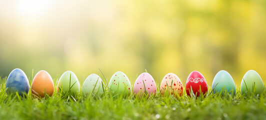 Easter banner with colorful painted eggs in row on green grass, copy space