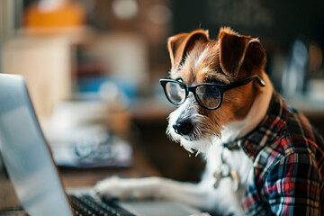 Cute dog looking computer laptop in glasses and shirt. - obrazy, fototapety, plakaty