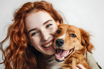 Woman have fun with cute dog on background. Studio portrait.