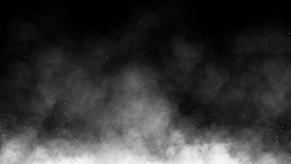 Realistic Fog, smoke, cloud overlay on black background. white dust background texture.