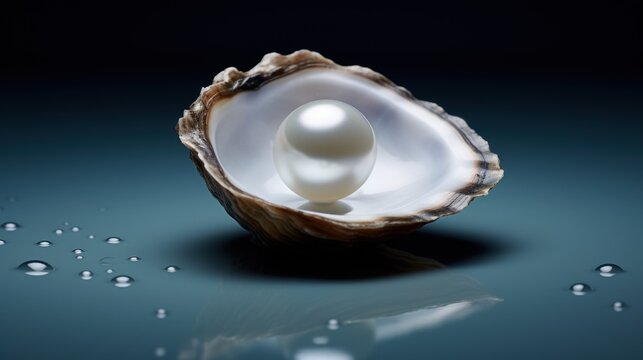  a pearl in an oyster shell with water droplets on a black background with a reflection of the pearl in the shell.