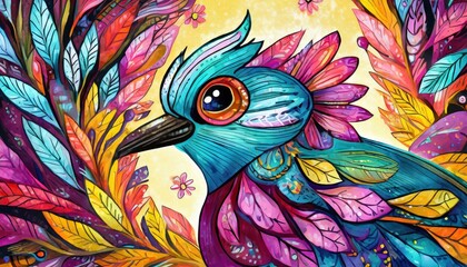 Obraz premium Blossoming Stunning Close-Up Shot of a Bird with Feathers Resembling Vibrant Flowers, Capturing Nature's Beauty in Full Bloom.