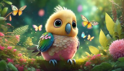Whimsical Wonderland 3D Render of an Adorable Baby Parrot, with Big Eyes, Amidst a Garden Abuzz with Butterflies and Lush Greenery. The Scene Radiates a Soft, Magical Aura, Sparkling with Fairy Dust.
