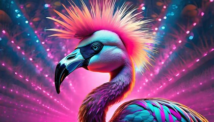 Feathered Rebel Punk Rock Flamingo Sporting a Stylish Mohawk, Redefining Avian Coolness with Attitude and Flair. - obrazy, fototapety, plakaty