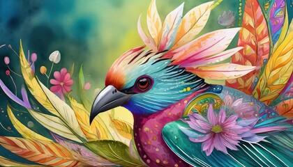 Blossoming Stunning Close-Up Shot of a Bird with Feathers Resembling Vibrant Flowers, Capturing Nature's Beauty in Full Bloom.