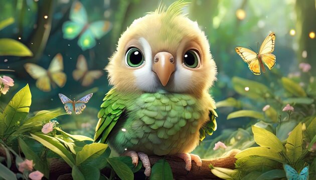 Whimsical Wonderland 3D Render of an Adorable Baby Parrot, with Big Eyes, Amidst a Garden Abuzz with Butterflies and Lush Greenery. The Scene Radiates a Soft, Magical Aura, Sparkling with Fairy Dust.