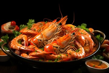 Delicious variety of shrimp and other seafood dishes. Generative AI