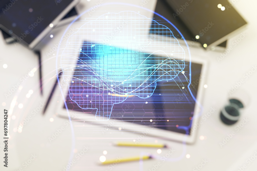 Poster double exposure of creative human head microcircuit and modern digital tablet on background. future 
