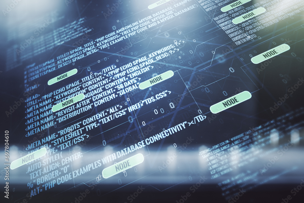 Poster Double exposure of abstract programming language interface on modern business center exterior background, research and development concept