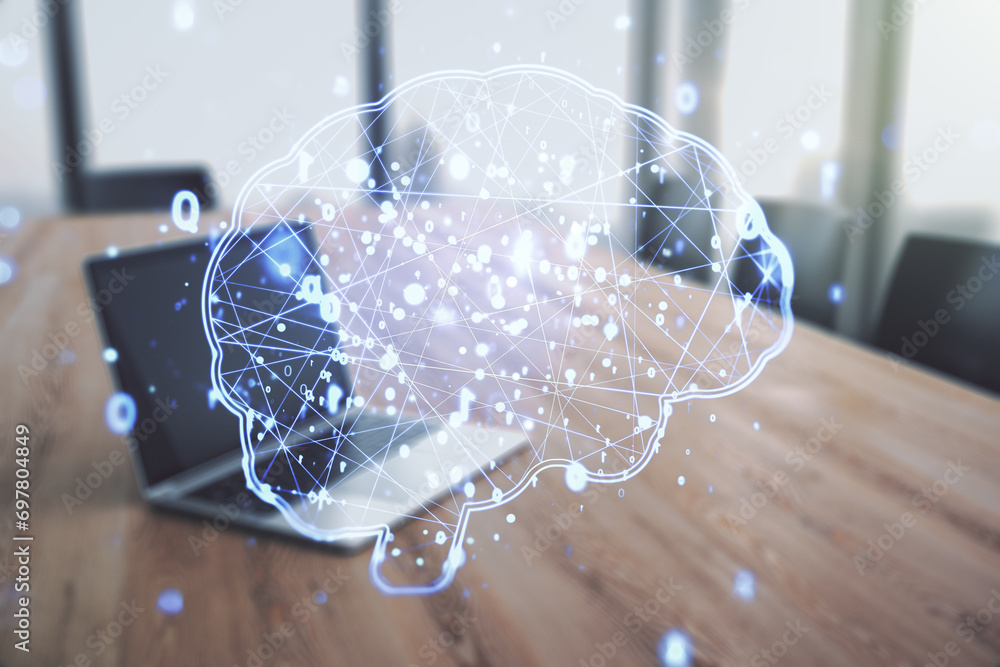 Aufkleber Double exposure of creative artificial Intelligence symbol with modern laptop on background. Neural networks and machine learning concept