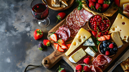 Top view of An appetizer board featuring cured meats, cheese, and strawberries is designed to provide a sophisticated touch for Valentine's Day. generative AI - Powered by Adobe