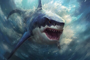 A fierce shark swimming in turbulent waves. Generative AI