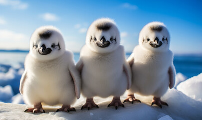 Three Adorable Baby Penguins Standing Together on Icy Antarctic Shoreline, Gazing Curiously into Distance with Blue Sky Backdrop