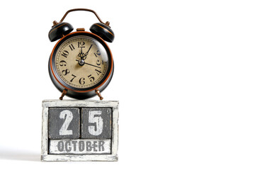 October 25 on wooden calendar with alarm clock white background.