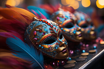 Elegant Mask in the Italian streets for Carnival Costumes , Italian Masks Adorn Italy's Streets with a Burst of Colors, Flowers, and Feathers - obrazy, fototapety, plakaty