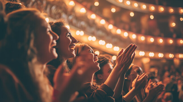 Audience applauds and laughs at the concert. Viewers of a comedy show.