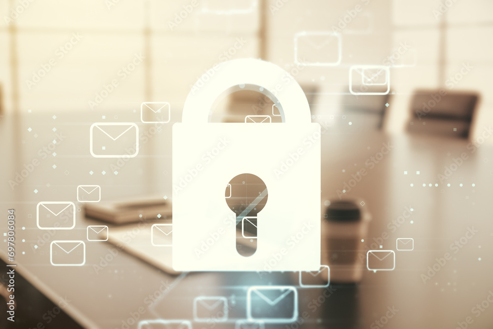 Poster double exposure of creative lock hologram with email symbols on laptop background. information secur
