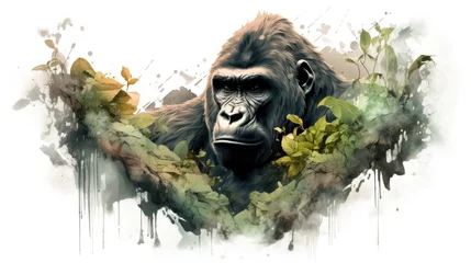 Store enrouleur Crâne aquarelle  a watercolor painting of a gorilla with green leaves around it's neck and a white background behind it.