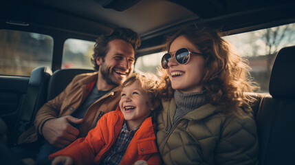 Fototapeta na wymiar Family couple with a child in the car. Happy family. The family enjoys the trip.
