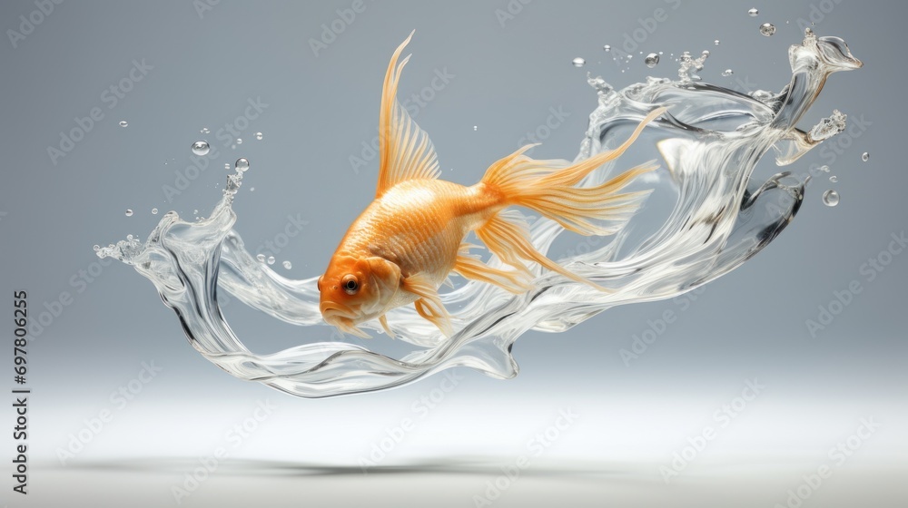 Wall mural  a goldfish jumping out of the water with a splash of water on the bottom of it's head.