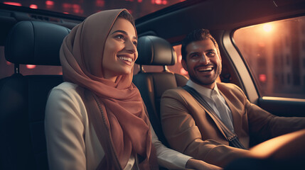 A man and a woman in a car, happy and laughing. A couple in the car enjoying the ride